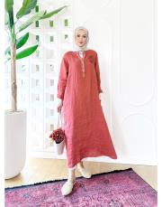 gül ithal keten payetli elbise açık kiremit 