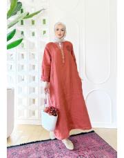 gül ithal keten payetli elbise açık kiremit  3