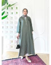 gül ithal keten payetli elbise haki