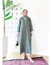 gül ithal keten payetli elbise haki 2