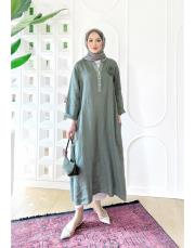 gül ithal keten payetli elbise haki 3