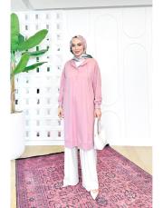 kapşonlu iki ip sweat tunik pudra