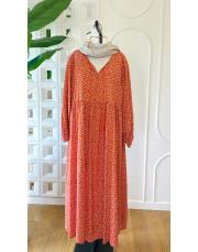 mini çiçekli vual viskon elbise oranj