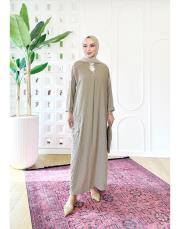 lorien kabartma nakışlı elbise bej