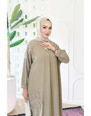 lorien kabartma nakışlı elbise bej 3