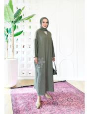 lorien kabartma nakışlı elbise haki