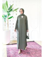 lorien kabartma nakışlı elbise haki 2