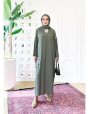 lorien kabartma nakışlı elbise haki 3