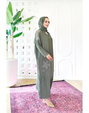 lorien kabartma nakışlı elbise haki 4