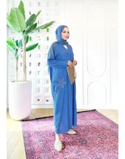 lorien kabartma nakışlı elbise indigo