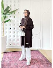 etiket detay oversize sweat tunik kahve