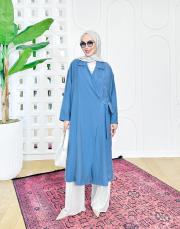 tencel yandan bağlamalı oversıze kap mavi