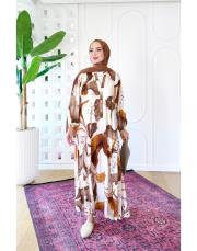 patre viskon pamuklu batik elbise kahve 3