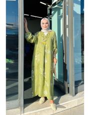 adalina ithal keten elbise yağyeşili 3