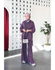 tina %100 pamuk kapşonlu triko tunik mor