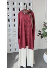 fari %100 pamuk nakışlı tunik bordo
