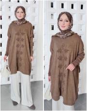 fari %100 pamuk nakışlı tunik kahve